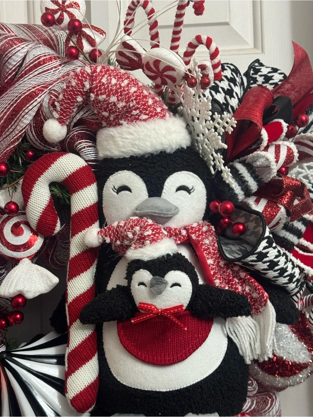 Festive Penguin Holiday Wreath in Red, White & Black